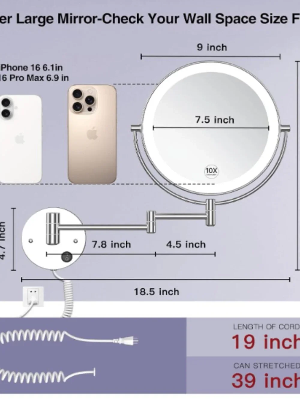 ✨ Brand new 9” LED Wall-Mounted Makeup Mirror – Lighted + 10X Magnification ✨